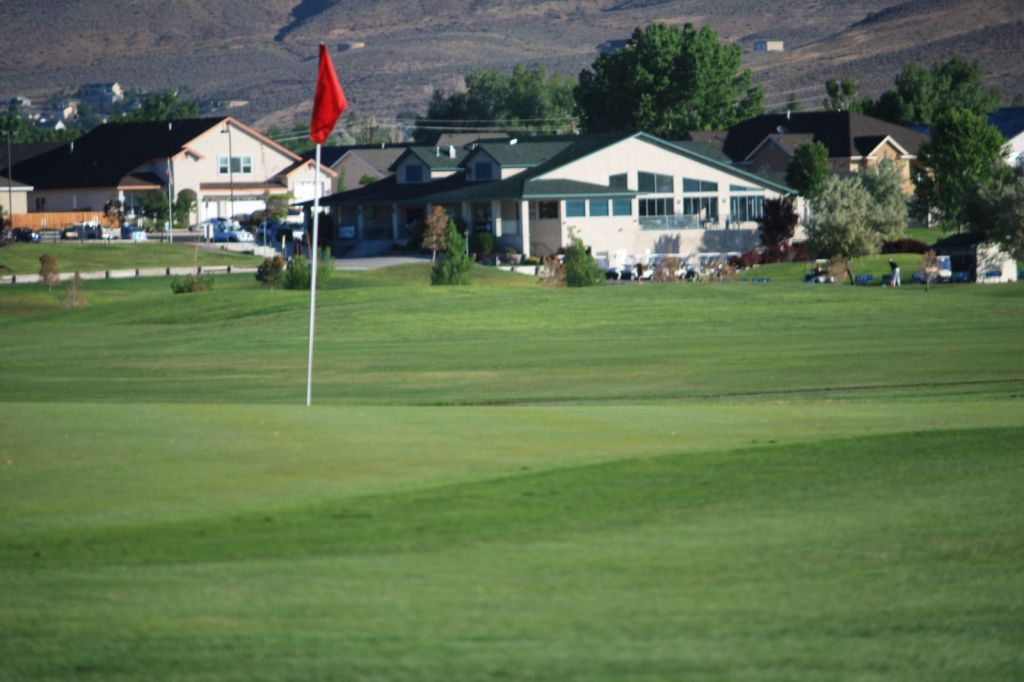 golf flag on the green, with community in the background